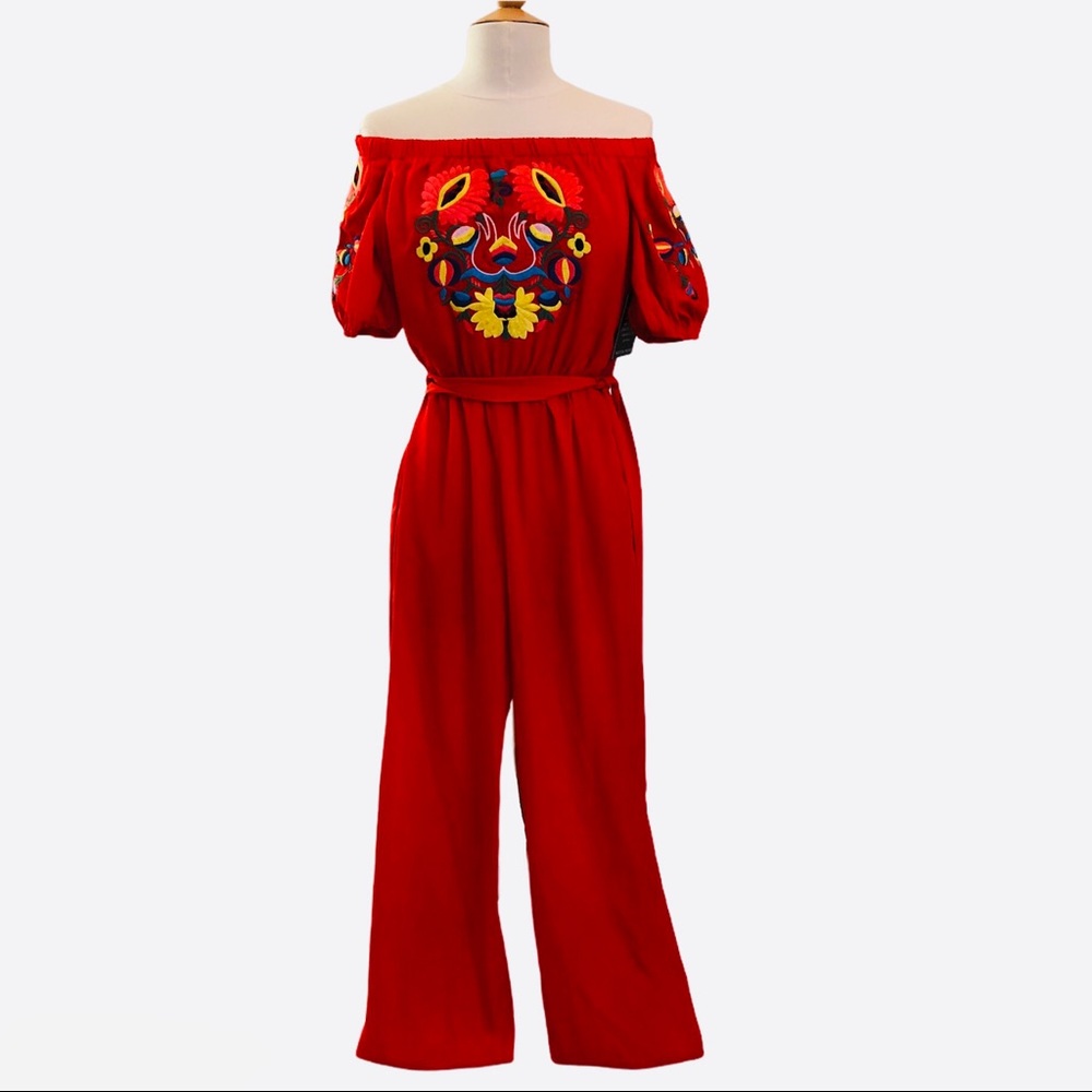 NEW BOSTON PROPER Red Floral Off the Shoulder Jumpsuit | Small